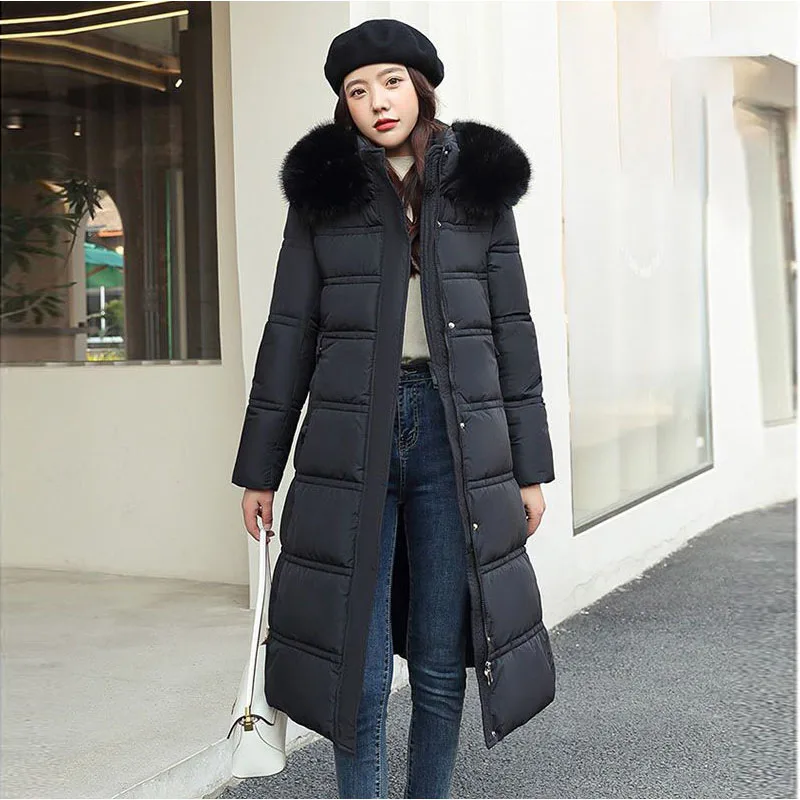 

2023 Winter Fake Fur Collar Slim Long Thicken Warm Female Parkas Cotton Down Jackets Fashion Lace-up Hooded Women Cotton Coats