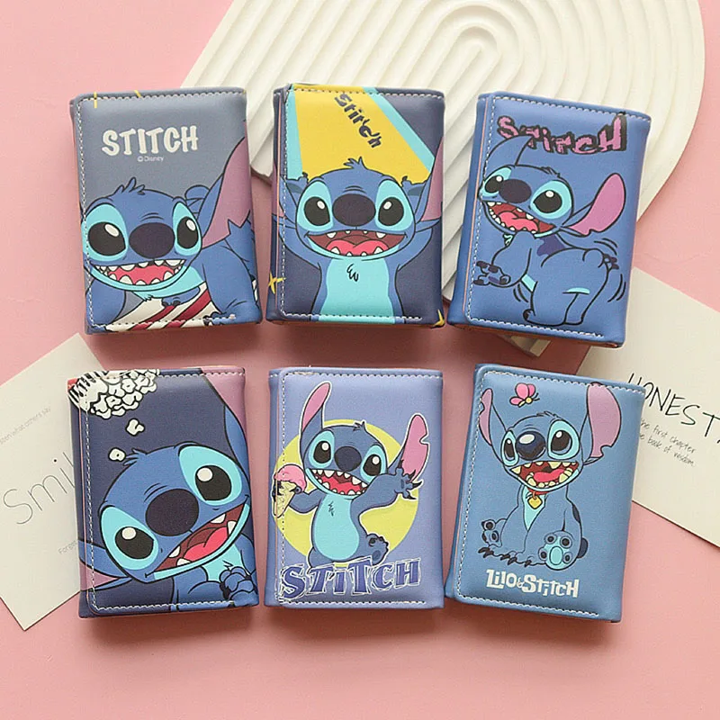 Cartera bonita de Stitch de Disney, billetera de 3 pliegues de película de dibujos animados, monedero para estudiante, tarjetero, tarjeta de identificación, tarjeta de comida, juguetes de regalo para niñas