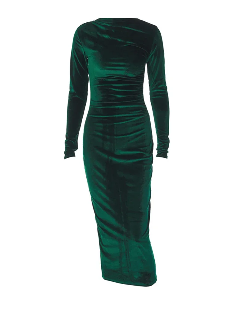 slim fit dress slacks Elegant Long Dark Green Velvet Front Split Long Prom Dresses with Long Sleeves main image 1