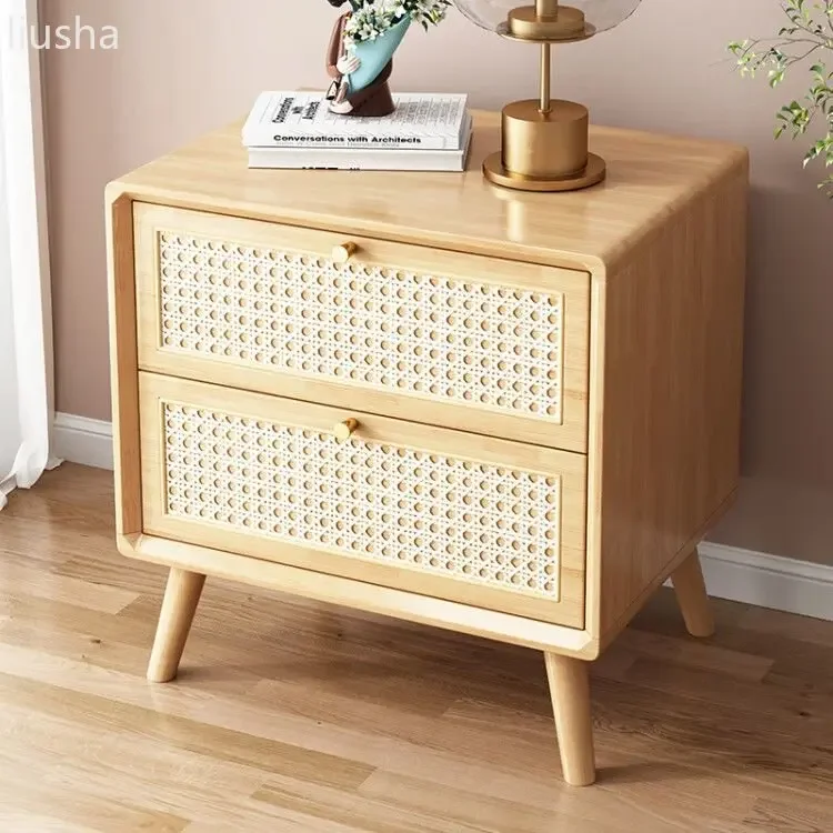 For Storage style small cabinet, rattan woven solid wood bedside table, simple cherry wood famous accommodation bedside