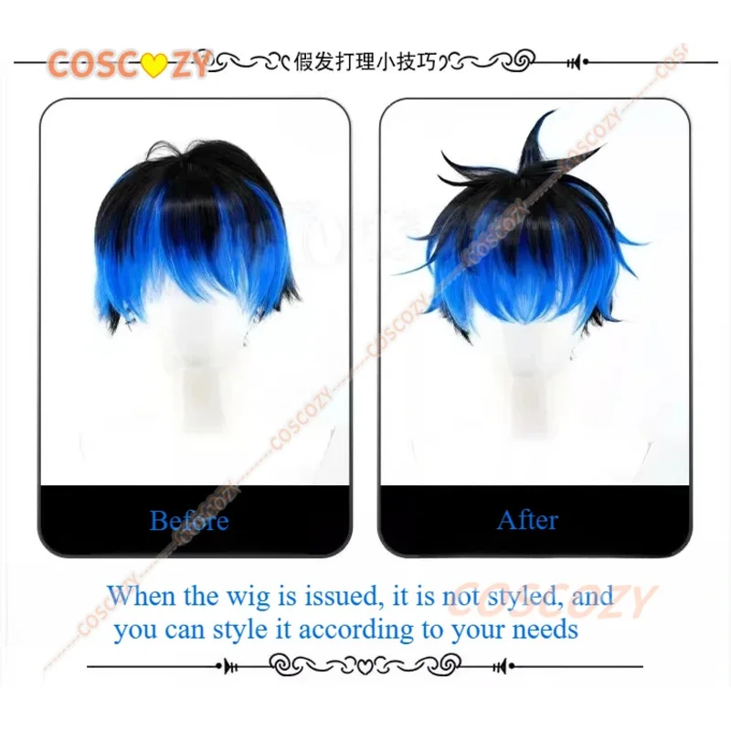 لعبة مائة خط Omokage Yugamu شعر مستعار تأثيري قصير الطبقات الشعر الأزرق مع جذور سوداء وأطراف مقلية شعر مستعار تأثيري للاتحاد