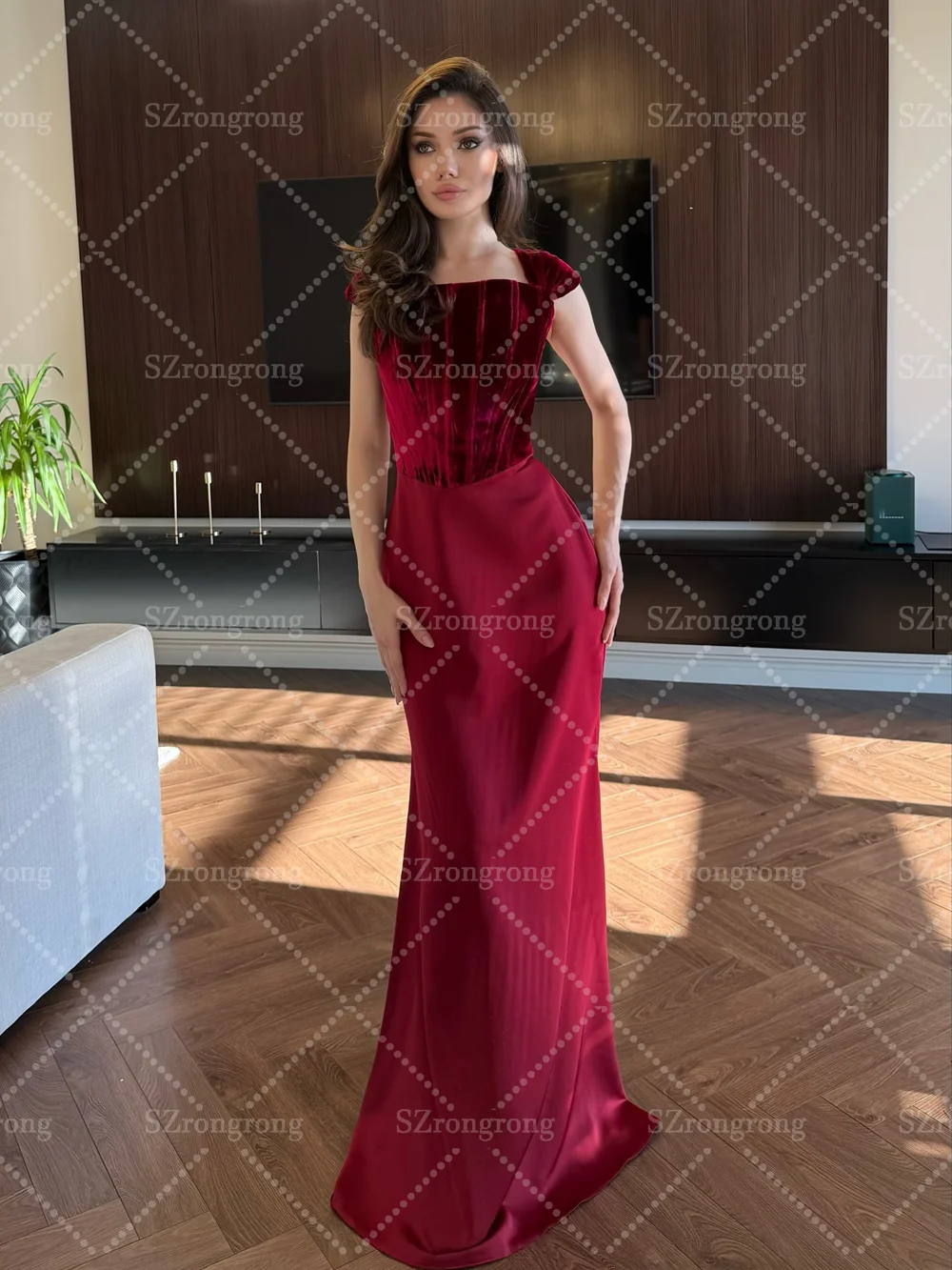 Vestido de noche Formal de terciopelo con cuello cuadrado hecho a medida, vestido de fiesta nupcial largo plisado con cordones en la espalda y tren