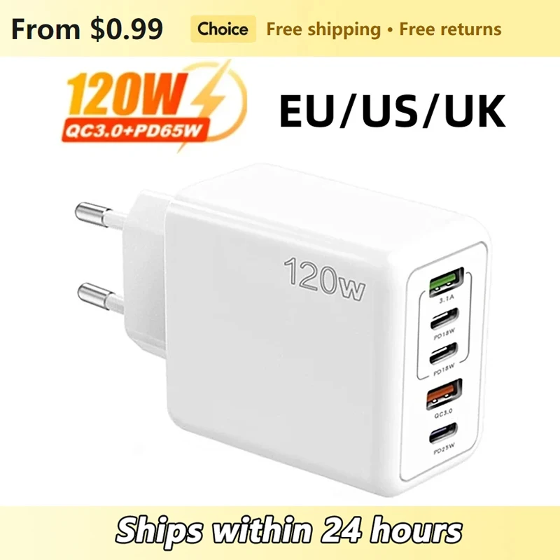 5 Ports USB Type-C PD Charger Fast Charging PD Quick Charge 3.0 USB C Phone Charger Adapter For iPhone 15 14 13 Xiaomi Samsung