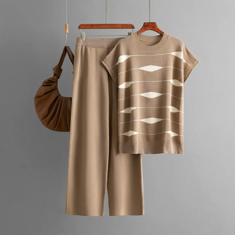 

Chic Striped Knit T-shirt+Elastic High Waist Pants 2-piece Set Women's Summer Suit New Casual Loose Wide Leg Pant Set Woman