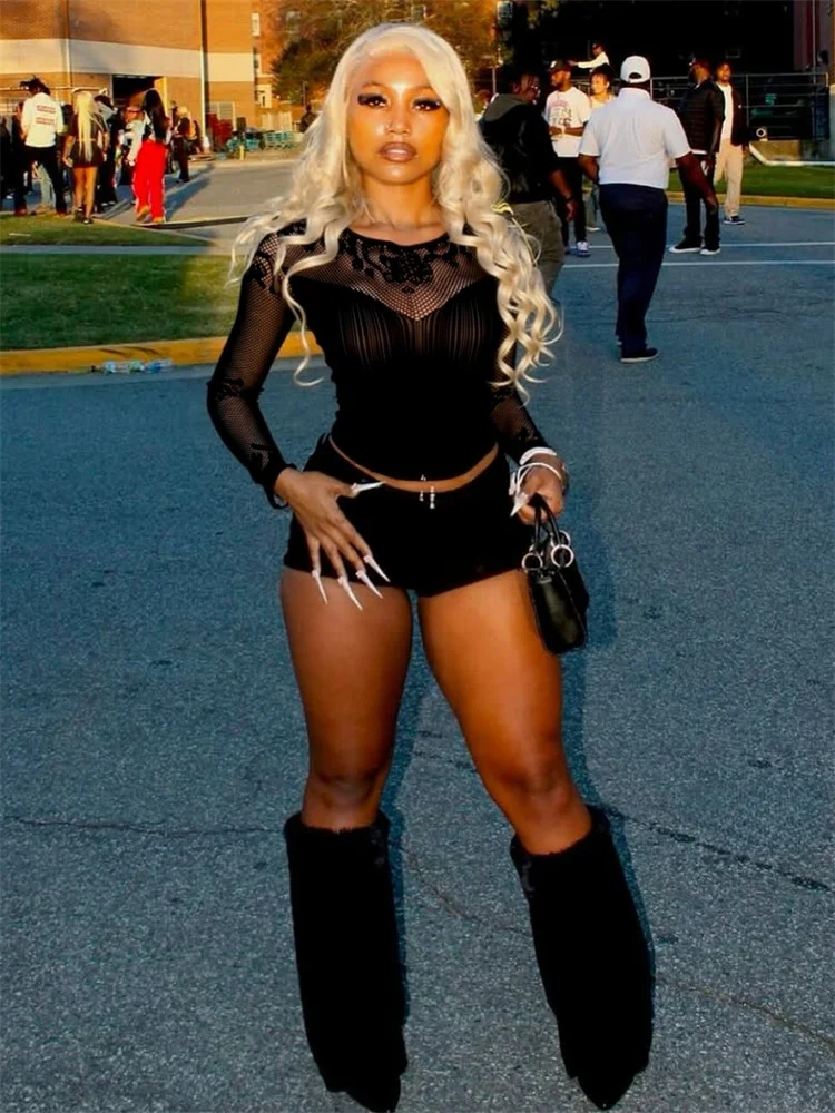 

Weird Puss Hollow укороченные топы женские обтягивающие толстые сетчатые сексуальные эластичные футболки с длинными рукавами и круглым вырезом Midnight Coquett Клубная одежда Wild Basic Tees