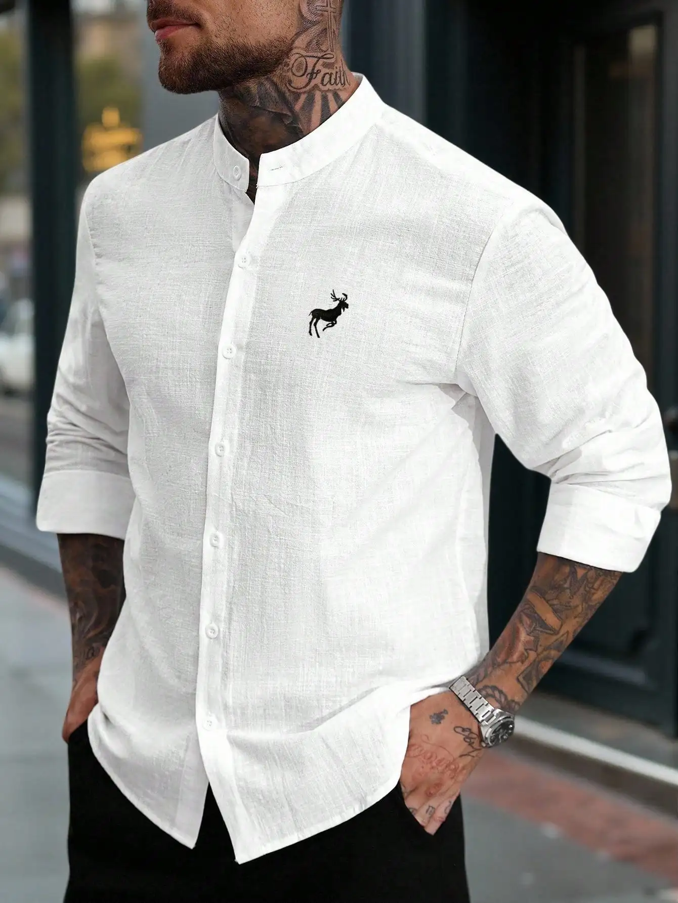 

Men's White Linen Button-Down Shirt with Embroidered Deer Motif, Casual Long Sleeve
