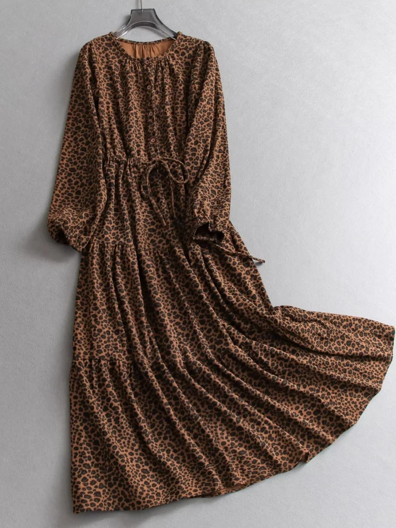 Corduroy overhemdjurk voor dames Franse stijl 2026 - Daisy Print Ronde hals Bubble Sleeve Lange losse jurk met trekkoord W2042