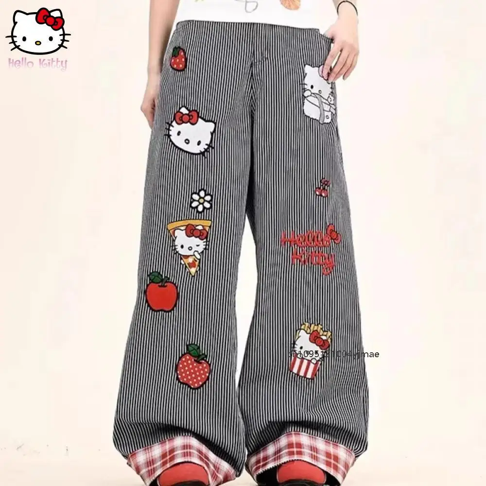 

Hello Kitty Sanrio повседневные брюки женские весенние новые свободные джинсы в полоску корейская версия универсальные широкие брюки с вышивкой