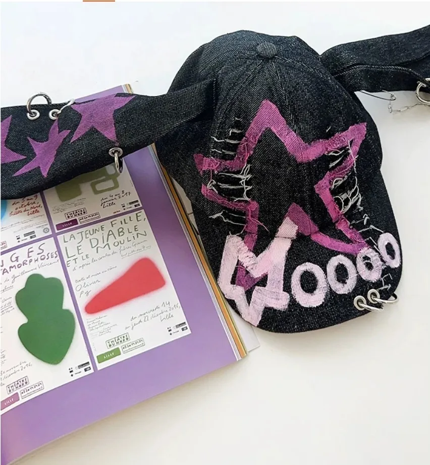 Original Gothic Women Mailard Denim Octagonal Cap Letters Wastland Punk Painter\'s Hat Cute Ears Cap
