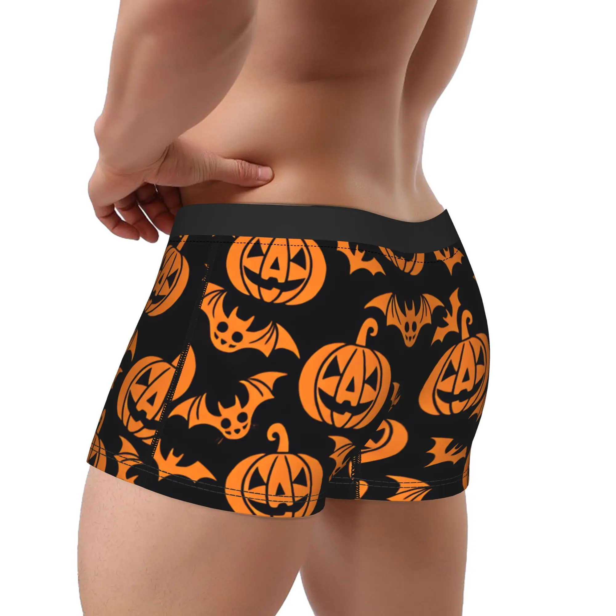 Halloween Pumpkin And Bat Seamless Pattern Black Background Shorts Briefs  Underwear Trenky Males Novelty Boxer Shorts Plus Size