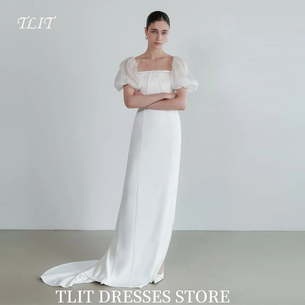 

TLIT Simple White Mermaid Satin Wedding Dress Square Collar Puff Sleeves Bridal Gowns Korea Wedding Photo Shoot Customized