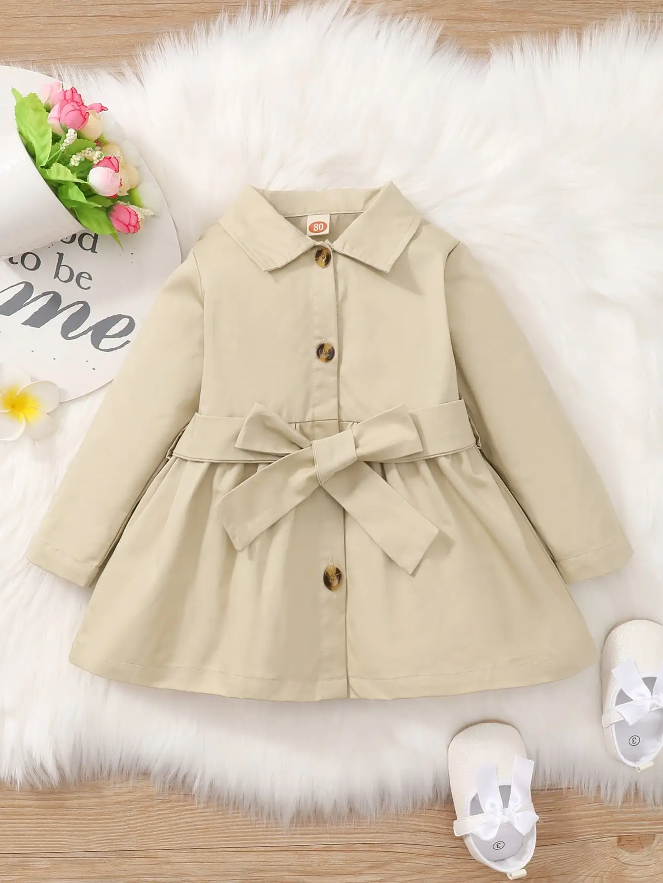 Spring And Autumn Full Moon Girl Baby Lapel Top Coat British Style Apricot Simple Breasted Long Sleeve Belt All The Trench Coat