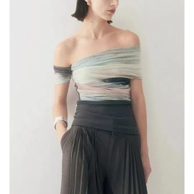 American Minimalist Office Lady Summer 2024 Lolita New Spliced Slash Neck Contrast Color Gauze Slim Elegant Short Sleeved Tops