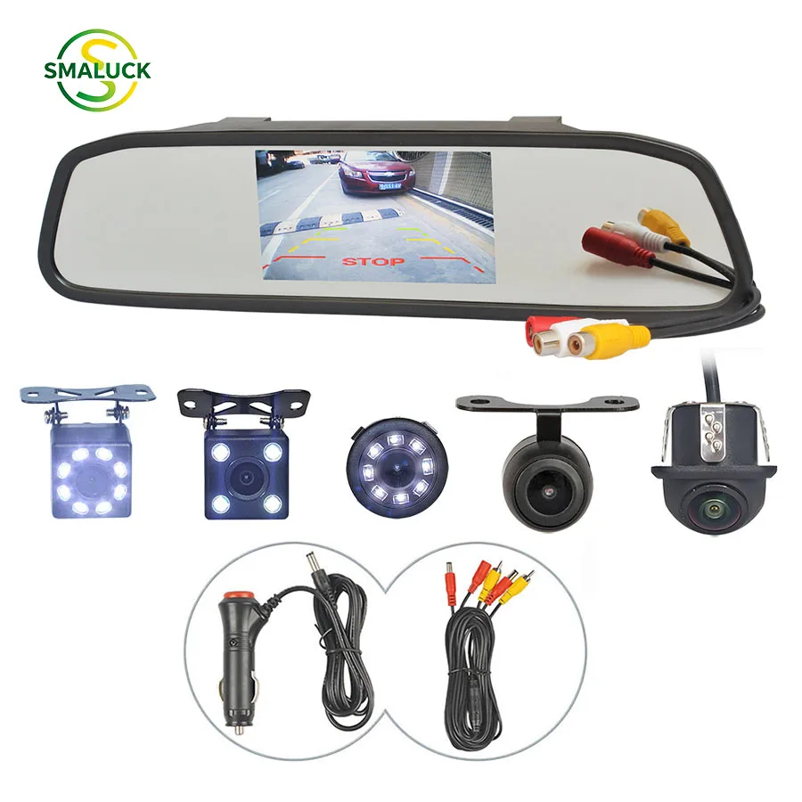 SMALUCK 4.3inch TFT LCD Screen Car Rear View Mirror Monitor LED Night Vision HD Rear View Car Camera IP6 Waterproof