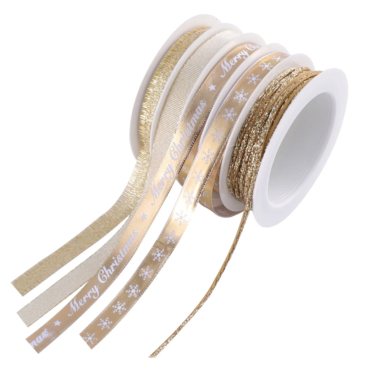 

5 Rolls Christmas Ribbon Printed White Gold Decorative Band Holiday Gift Wrapping Ribbon for Crafts DIY Party Decoration
