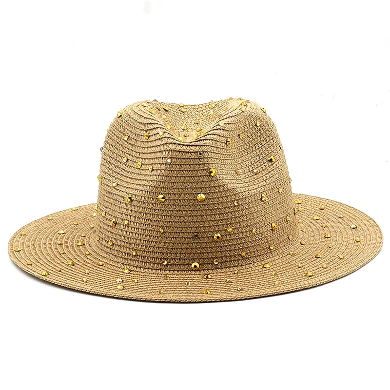 Luxury diamond Panama Soft Shaped Straw Hat Summer Women Wide Brim Beach Sun Cap UV Protection Girl Fedora Hat