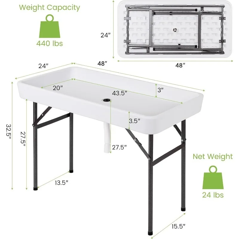 Folding Ice Table with Drain,4ft Portable Cooler with Removable Skirt,No Assembly,Fill And Chill Table for Food Drink Beverage 6