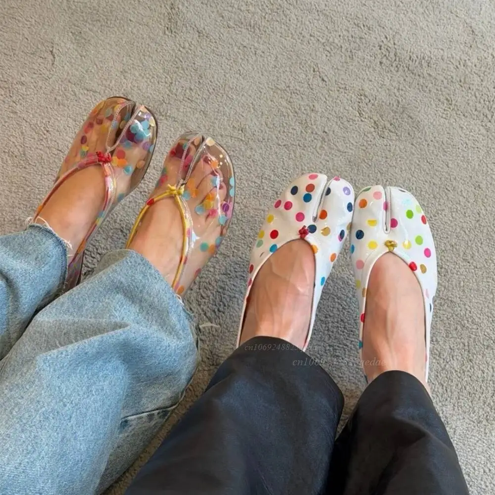 Women's Colorful Polka Dot Split-Toe Flats Glossy & Transparent Upper Slip-On Style Low-Profile Design Flat Sole Walking Shoe