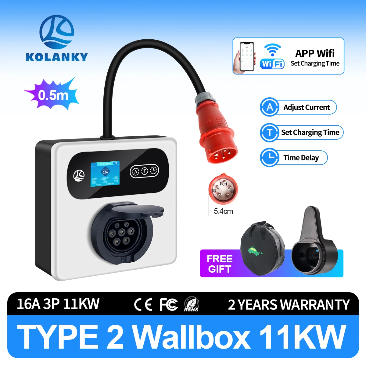 Kolanky 32A 22KW EV Charger Mobile Wallbox 16A 11kW CEE to Type 2 Socket  Via Tuya  APP Set Charging Time For Electric Vehicle