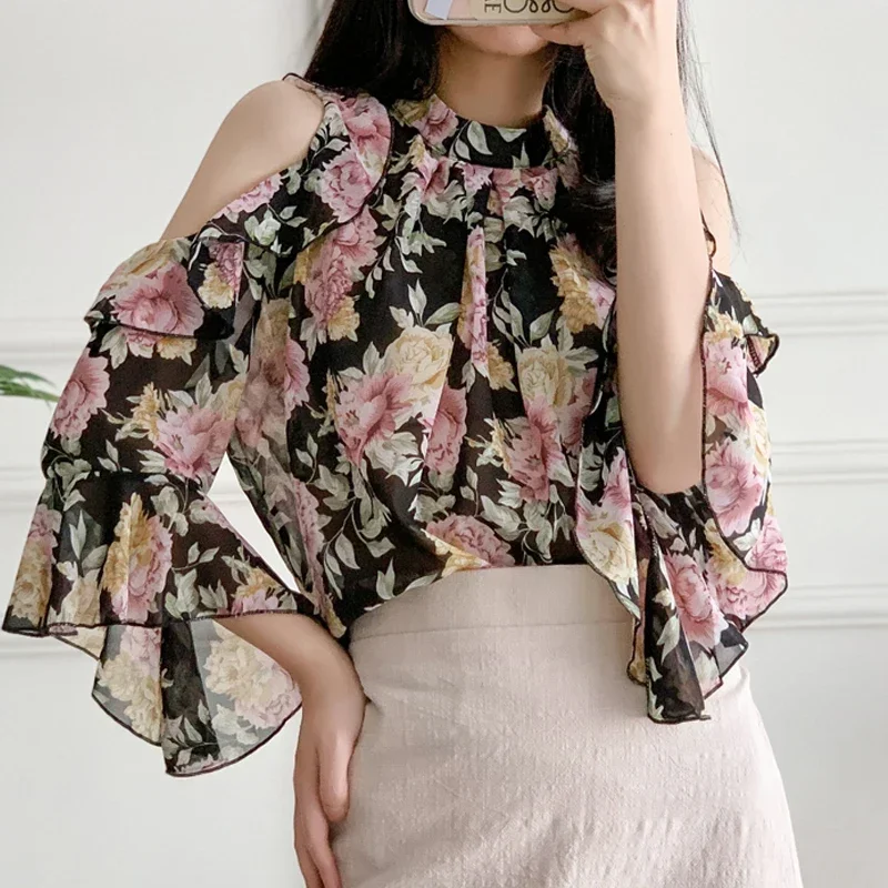 New Top Strapless Women Blouse O-Neck Print Chiffon Blouse Shirt Women Tops Blouses Shirts Blusas Para Mujer Camisas 2024 M123