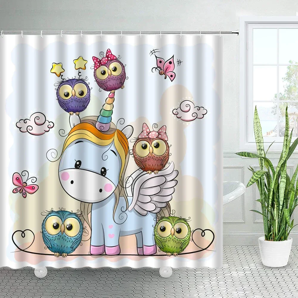 Pink Unicorn Owl Children Shower Curtains Cute Cartoon Animals Chic Kids Bathroom Bath Curtain Waterproof Fabric Bathtub Decor