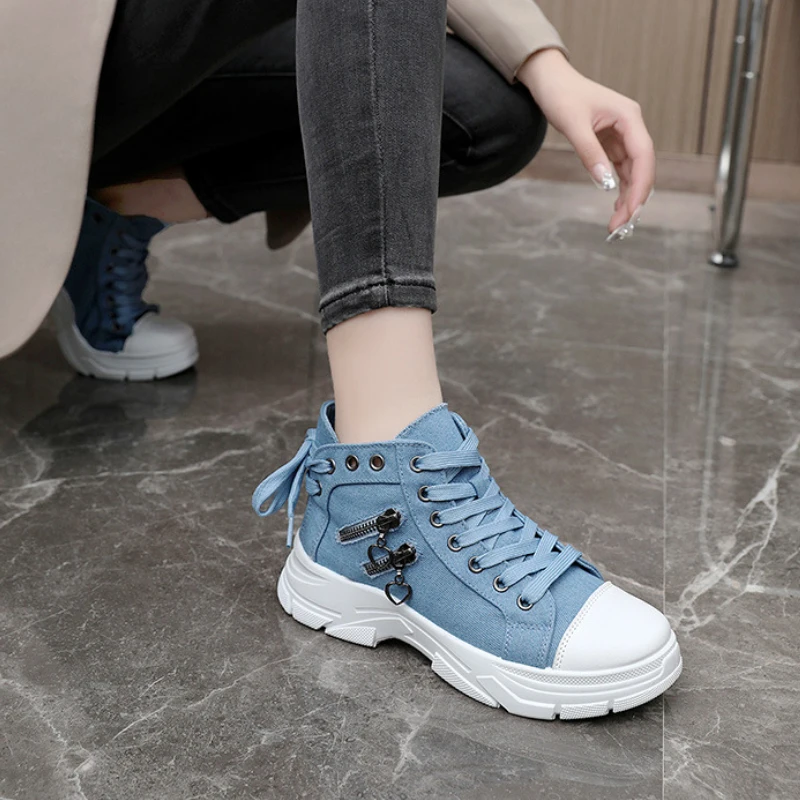 Trendy High Top Canvas Shoes 2024 Autumn New Design Sense Thick Sole Height Increase Anti Slip Versatile High Top Women\'s Shoes
