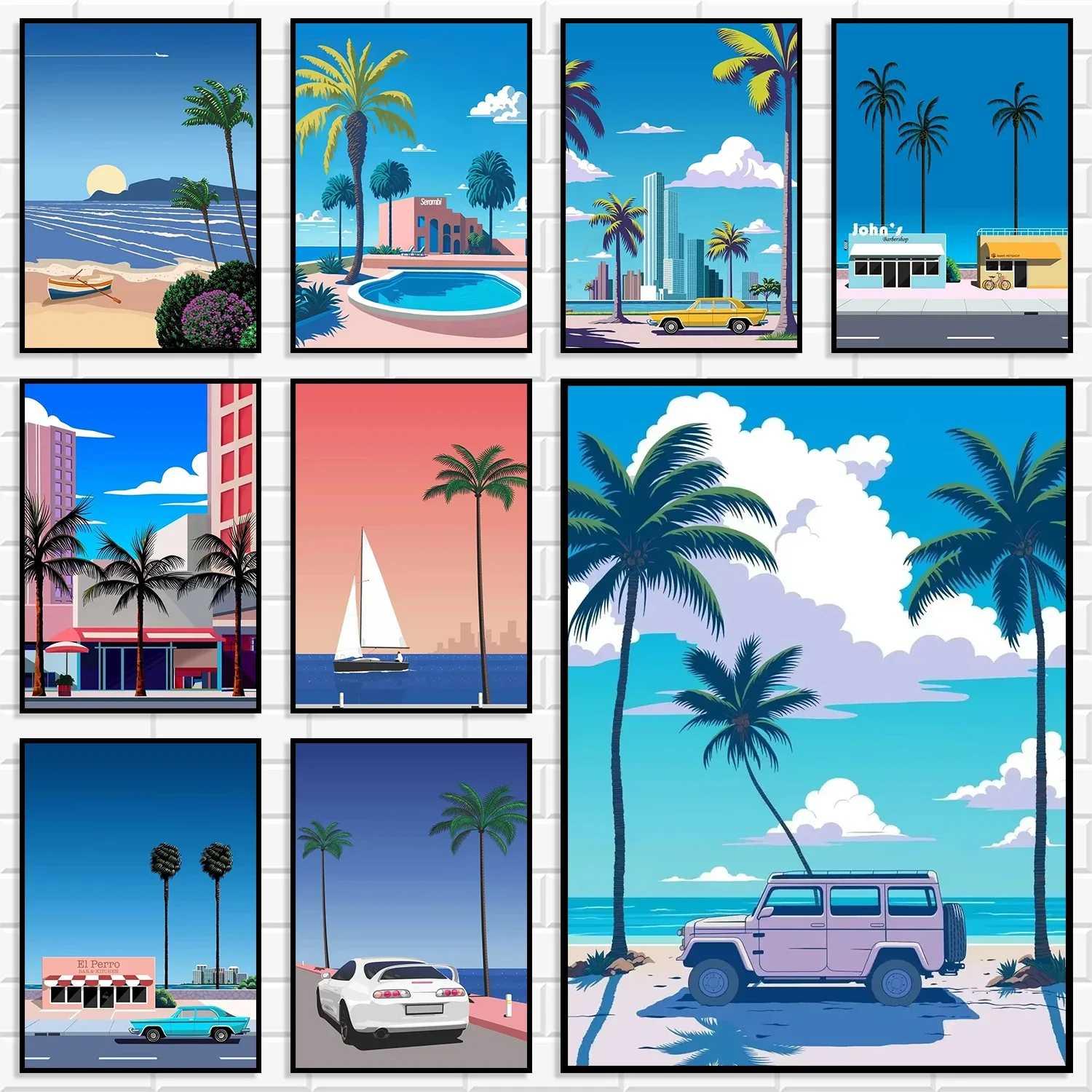 Retro Miami Beach Palm Tree Canvas Wall Art Tropical Coastal City Car Landscape Poster Nordic Home Decor Print For Living Roo