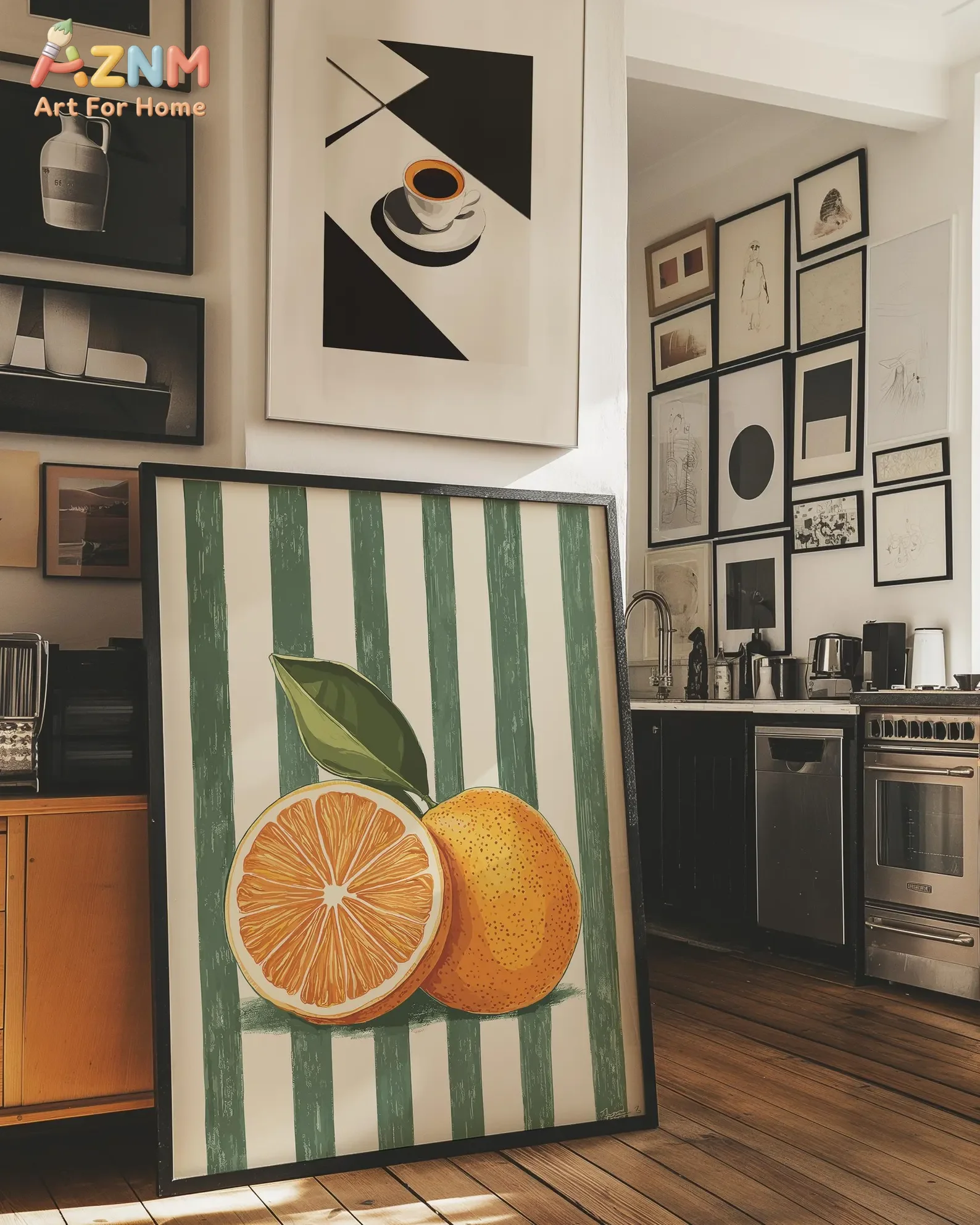 AZNM Vintage Orange Fruit Canvas Wall Art Green Stripe Background Retro Citrus Print Kitchen Dining Room Decor Unframed