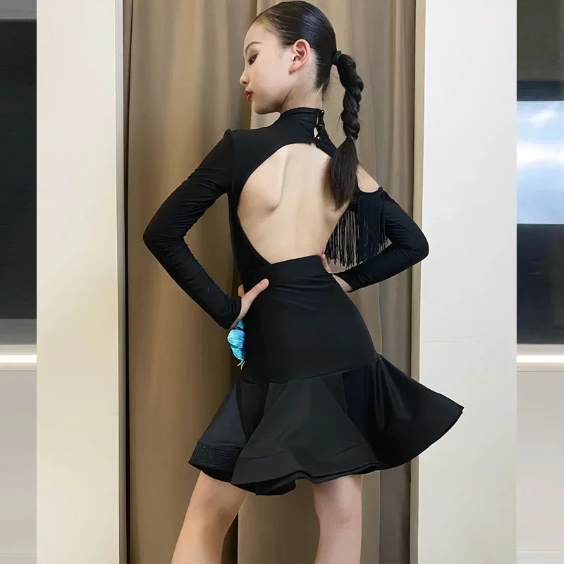Latin dance dress Autumn and winter new children's female training dress girls perform dance dress set - Image 4