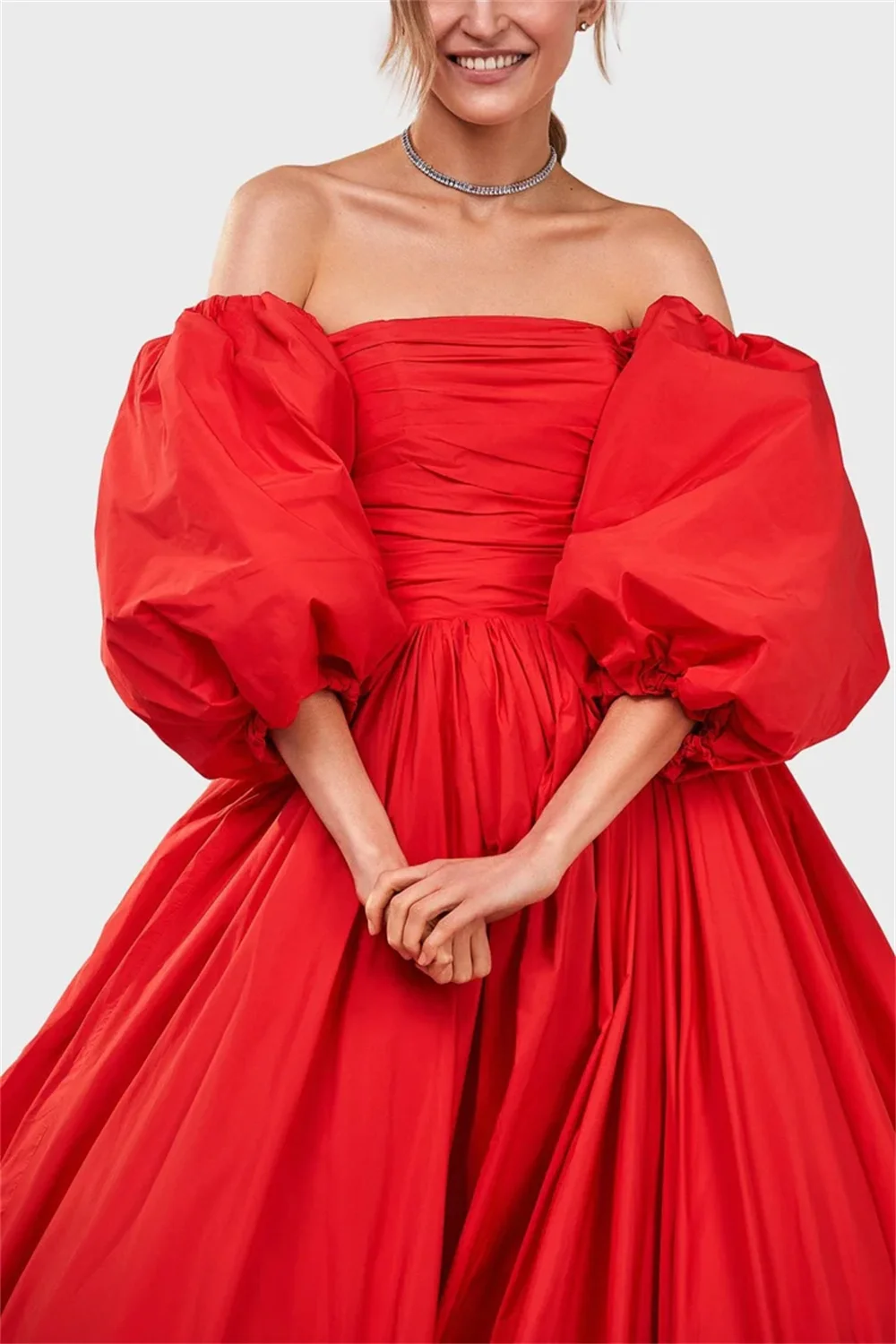 Annie Red Graduate Prom Dresses Puffy Puff Sleeves Dresses Sexy Off-the-shoulder FormalOccasions Party Dresses Vestidos De Noche