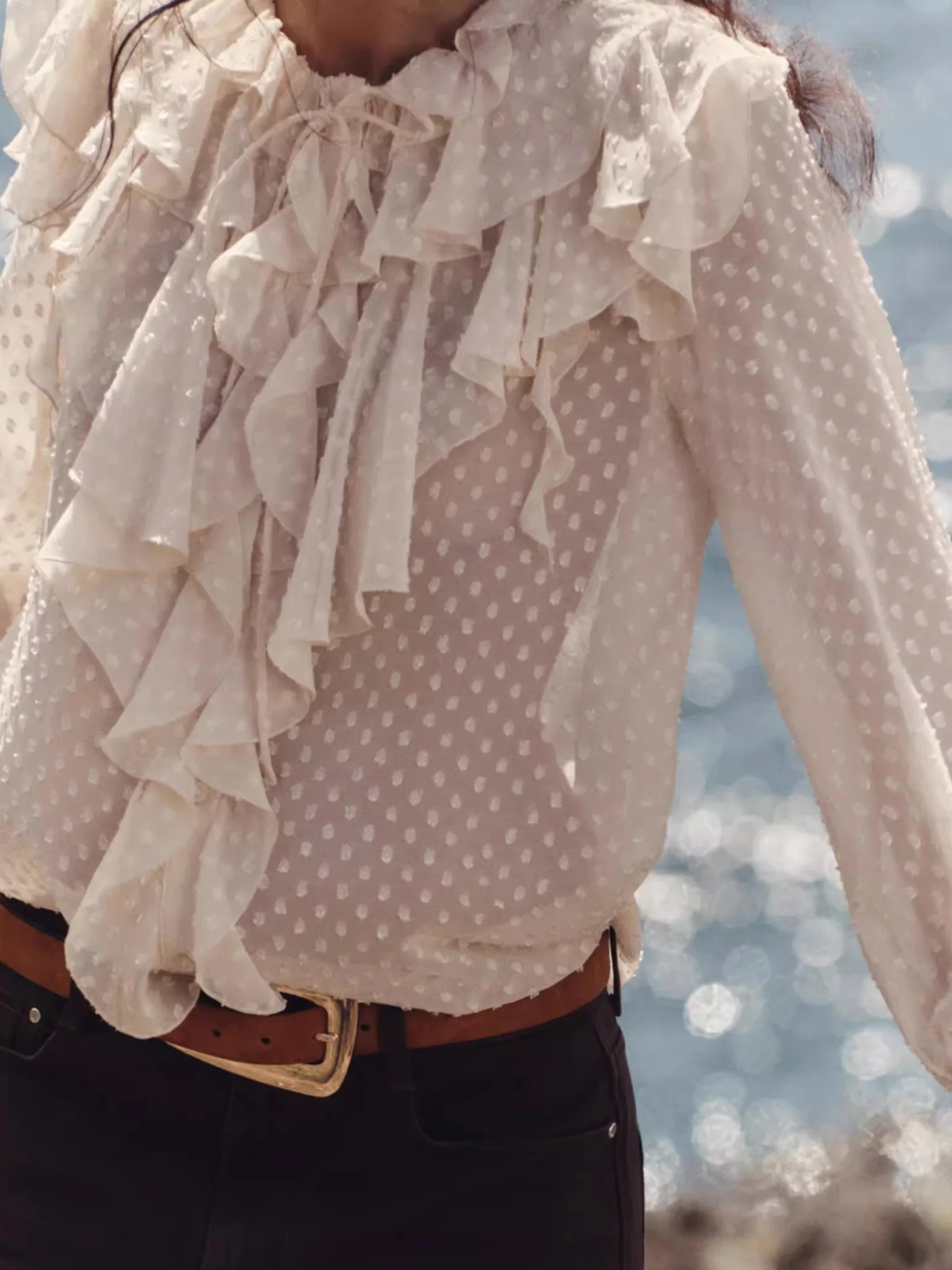 Sweet Layered Decoration Thin Veil Long Sve irt Women's Top New Arrival Spring Summer 2025 Loose Fit Polyester Fiber