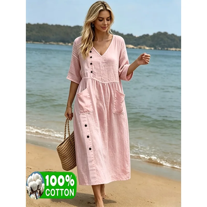Summer Women'S Solid Color V-Neck Loose Fit Elegant Casual Vacation Dress