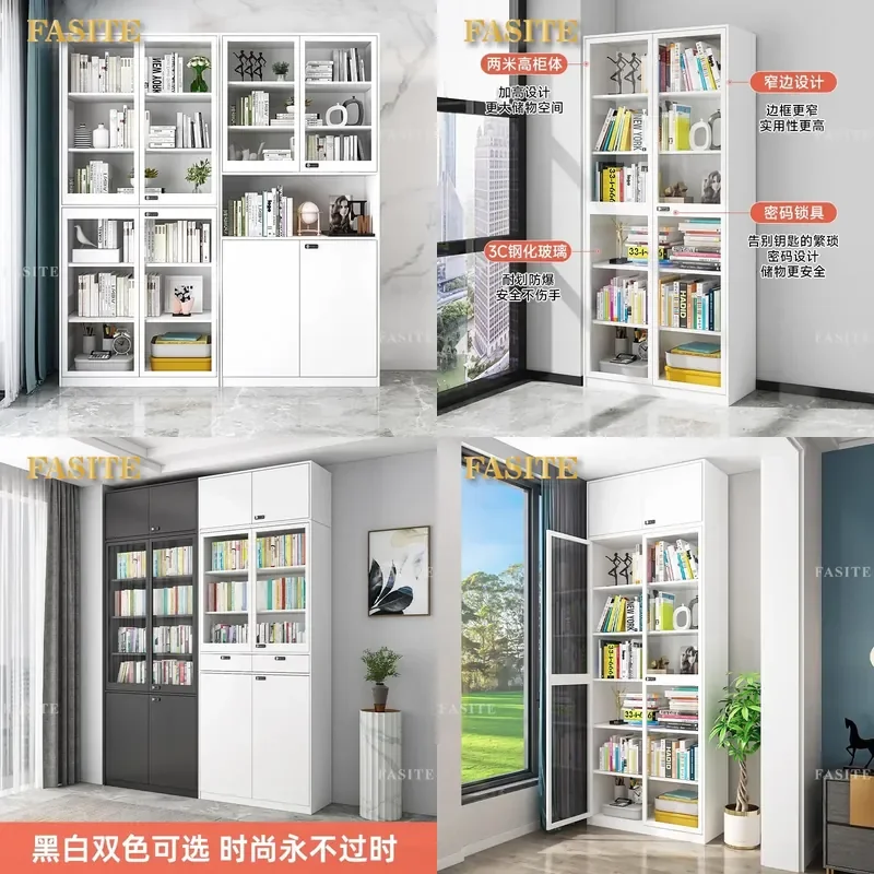 For Steel Bookcase Living Room Storage Cabinet Dust-proof Glass Door Display Wrought Iron Combination Locker Integrated Wall