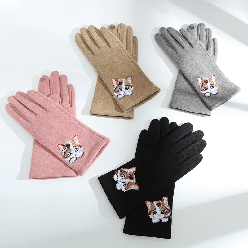 Donna inverno tenere al caldo touch screen gatto ricamo moda elegante carino adorabile guanti dolcezza antivento ciclismo morbido