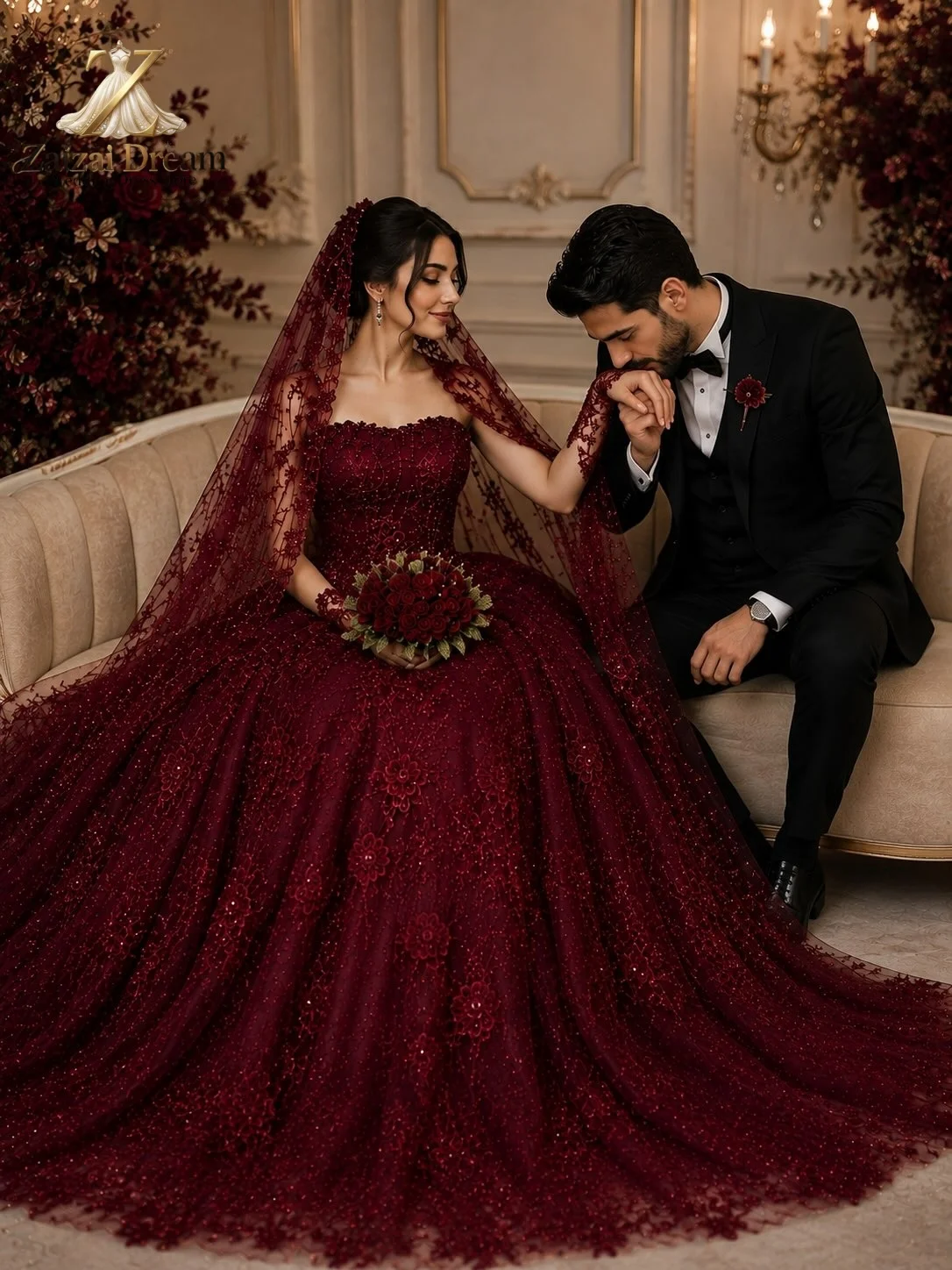 Maßgeschneidertes Königliches Burgunderrotes Hochzeitskleid, Trägerloses Spitzenkleid mit Perlenbesetztem Korsett, Großes Ballkleid mit Langer Schleppe, Luxuriöses Brautkleid, Vestido De Noiva