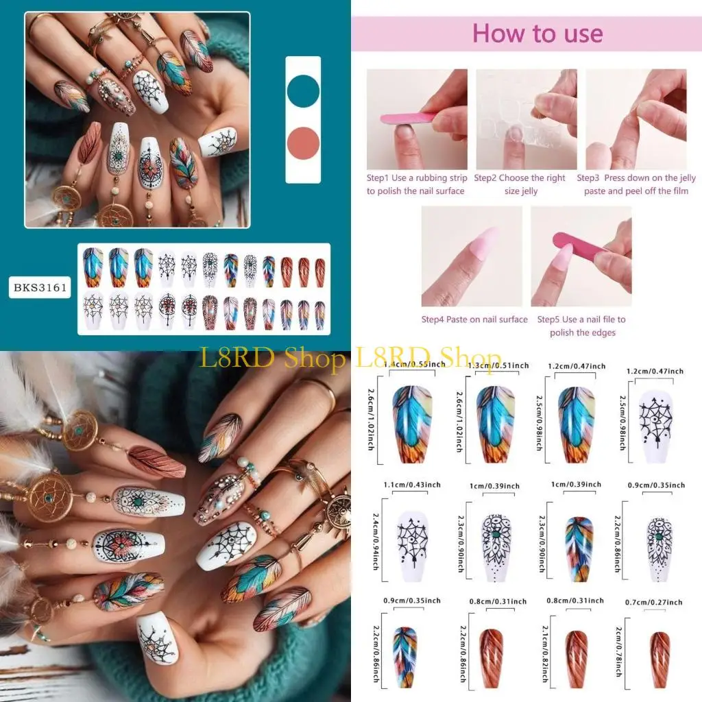L8RD Unique Floral Almond False Press on Manicure Art for Women