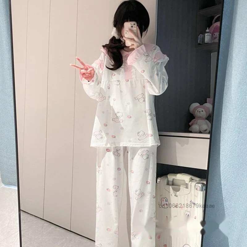 Sanrio Hello Kitty New Y2k Sweet Girl Pajamas Spring Autumn Niche Pure Cotton Sleepwear Japanese Style Cartoon Printed Home Wear