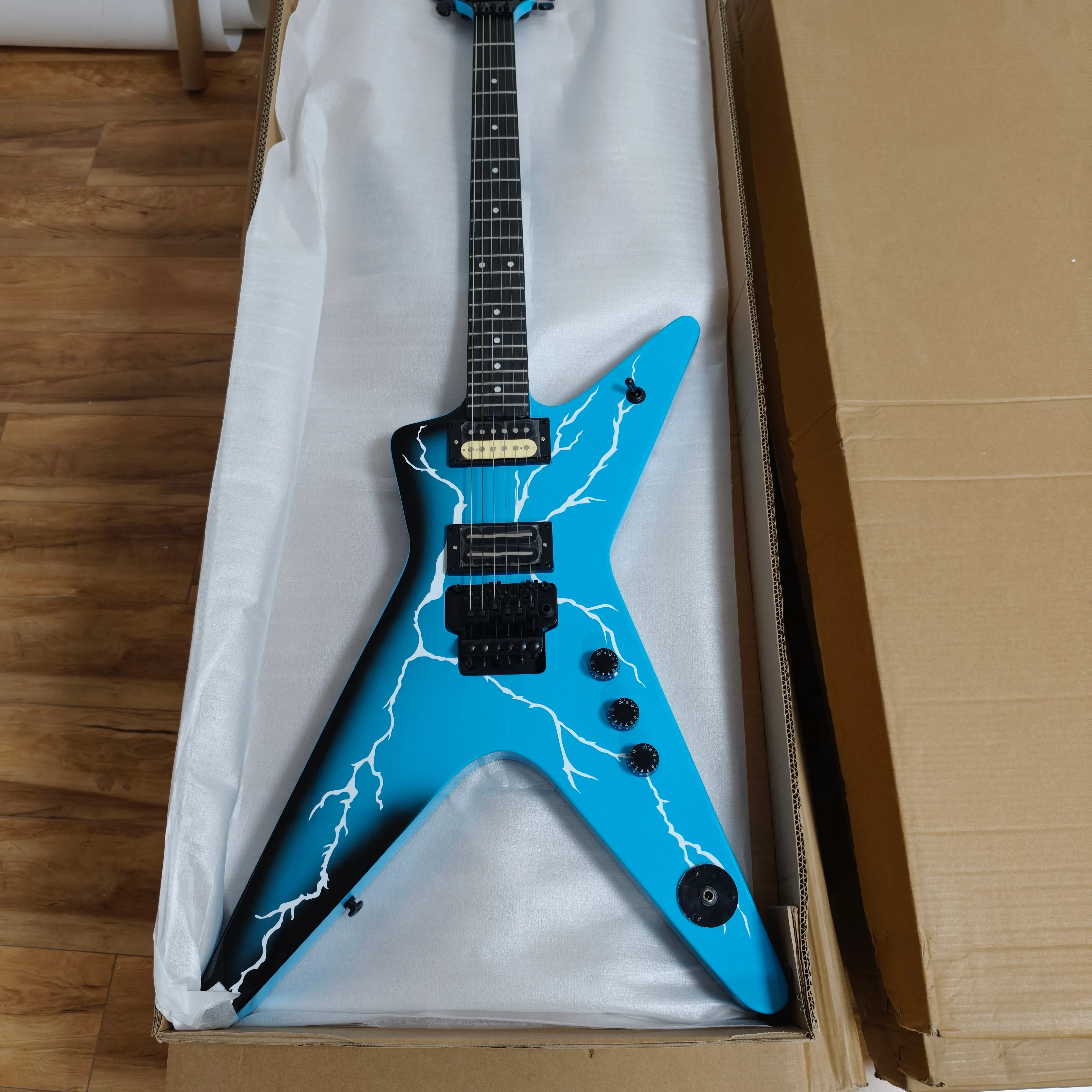 Blue Lightning V Shape Electric Guitar Rosewood Fingerboard Double Tremolo System 6 String Rock Metal Electric Guitar