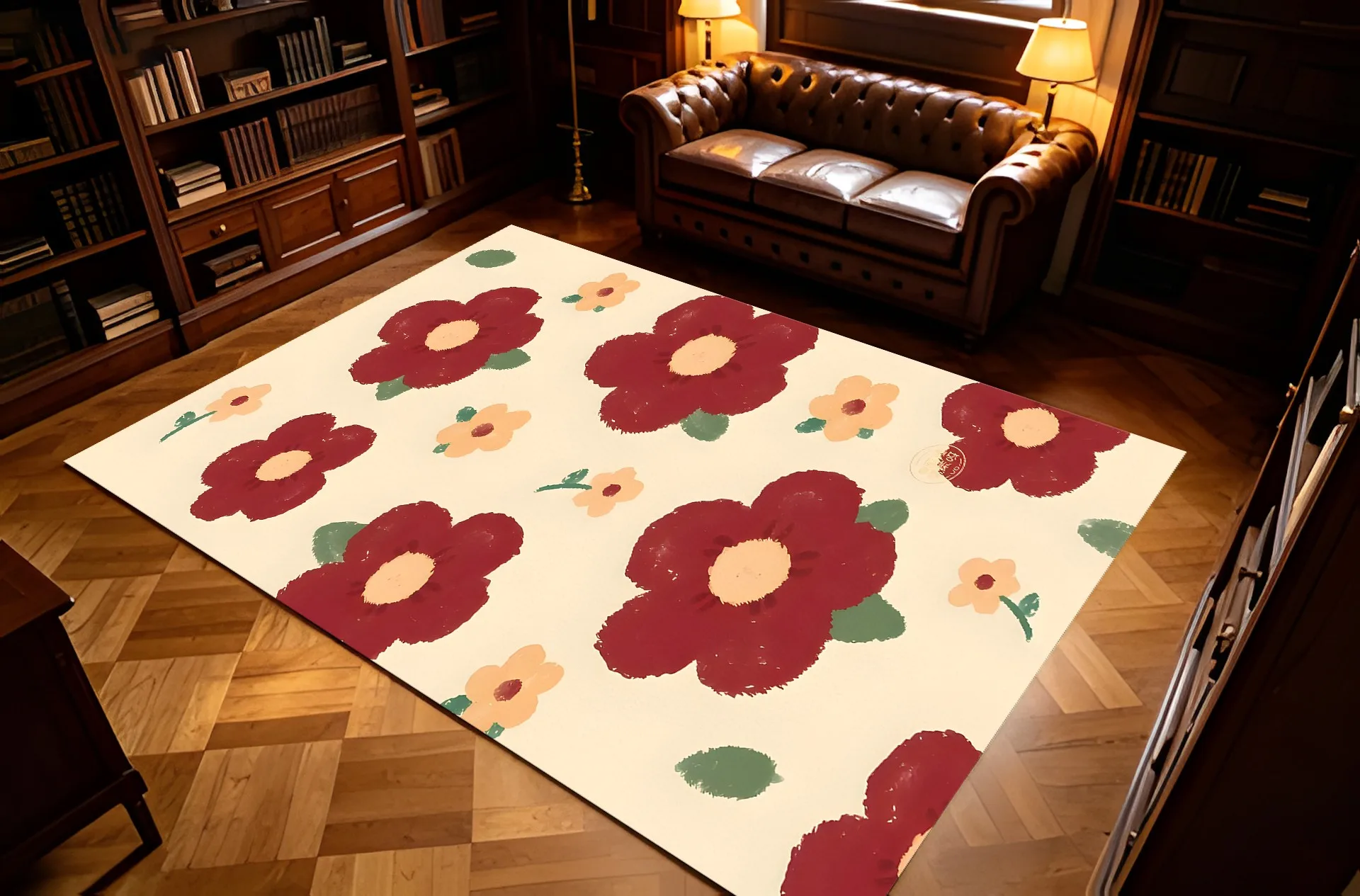 Hand-Painted Retro Burgundy Floral Sweet Instagram-Style New Year Velvet Rug, Suitable for Bedrooms, Bedside Areas, Living Rooms, and Entryways, Creating a Warm, Soothing, and Soft Home Atmosphere