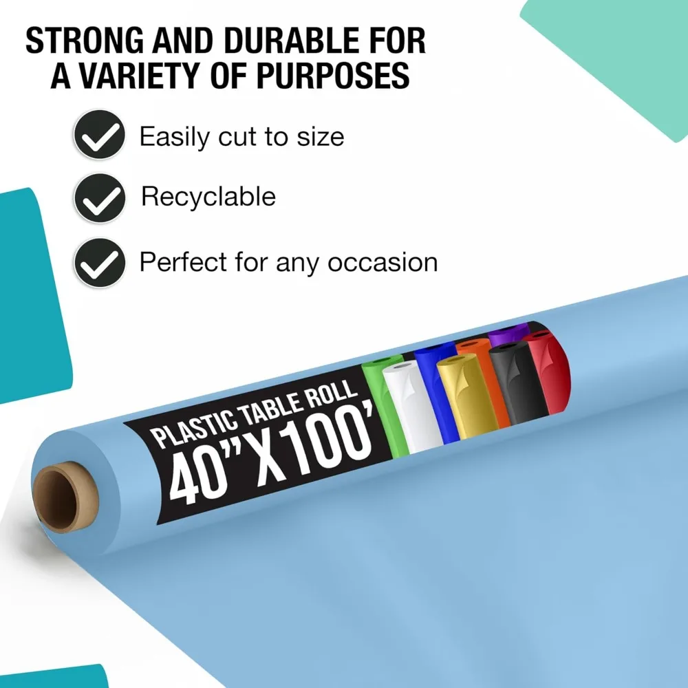 Light Blue Plastic Table Cover Roll 6 Pack 40