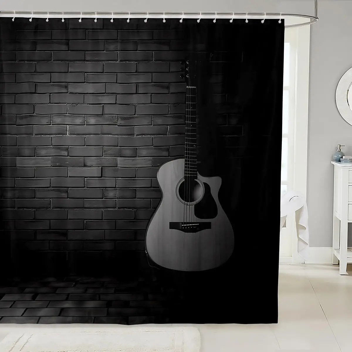 Musical Guitar Shower Curtain, Rock Music Instrument Print, Waterproof Fabric, Artistic Bathroom Decor for Kids Teens with Hooks