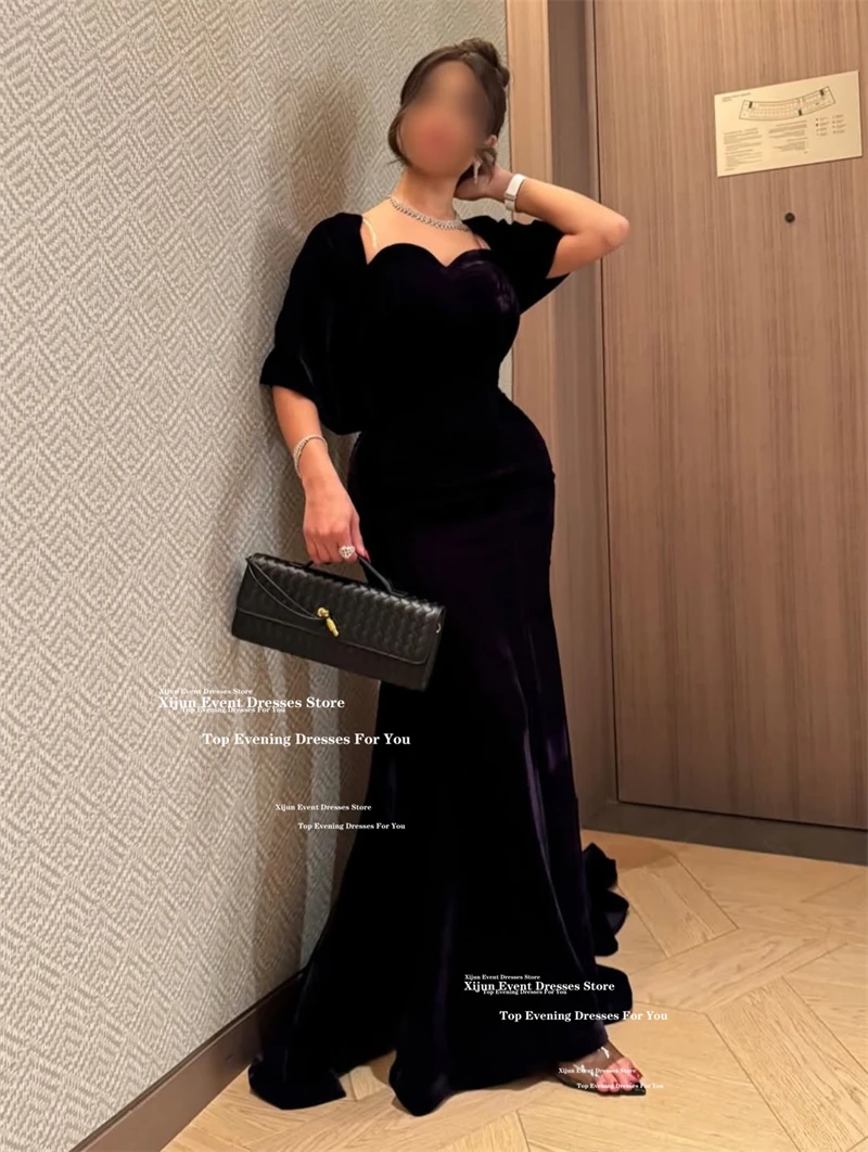 

Xijun Luxury Black Velvet Evening Dresses Sweetheart Half Sleeves Mermaid Prom Dresses Train Formal Dubai Prom Gowns Customized