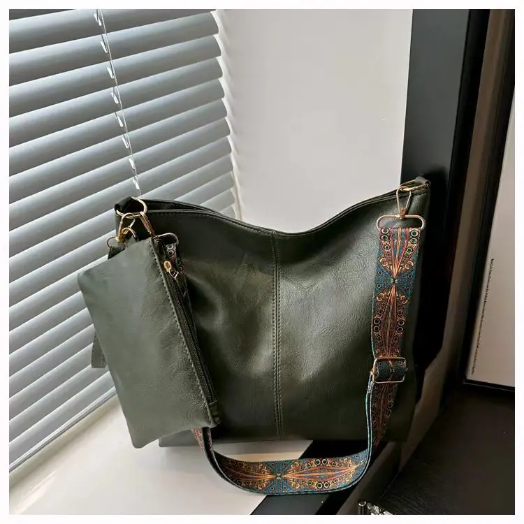 Damen-Eimer-Einkaufstaschen-Set aus Retro-PU-Material, verstellbarer breiter Riemen für den täglichen Bedarf, mit modischem Reißverschluss und Polyesterfutter – Detail 13