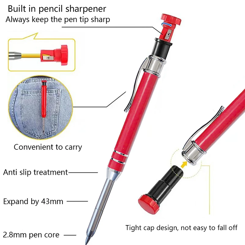 2.8mm Solid Carpenter Mechanical Pencil with Lead Deep Hole Marker with Built-In Sharpener for Carpenter Woodworking Architect