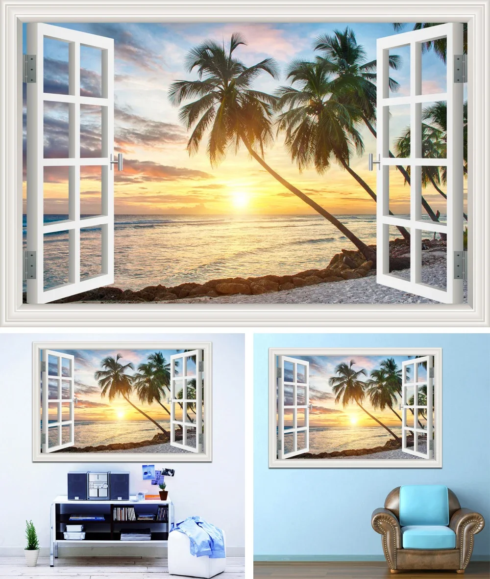 3D Window View Wall Sticker Beach Summer Beach Coconut Tree Wall Murals Removable Print Art Canvas Poster For Living Room Pictur