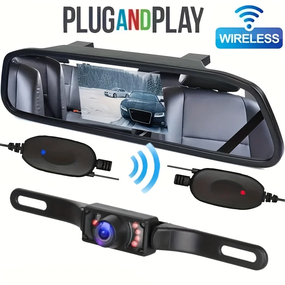 

Wireless Car Backup Camera Rear View System 2 in 1 Car Mirror Monitor 4.3"with License Plate Reverse Camera