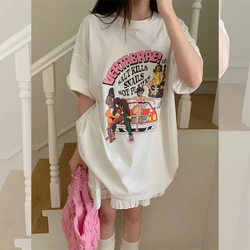 American Retro High Street Fun Printed White Short Sleeved T-shirt for Women's Summer New Fashionable Loose and Slimming Top