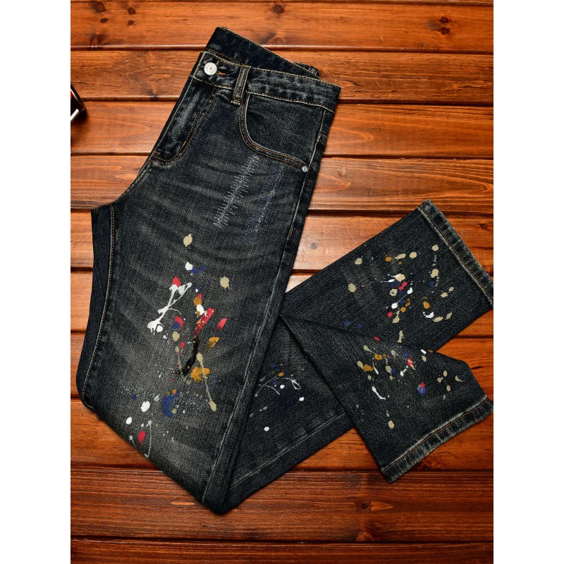 

Retro blue jeans men's paint printed fashionable straight tube elastic casual street nostalgic pants