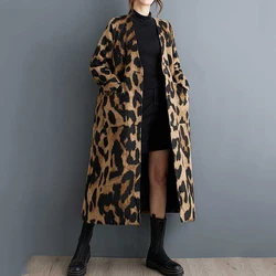 Beautyblue New in Coats&jackets Leopard Elegant Coat Woman Long Sleeves Pockets Split-Joint V-Neck Outerwear Female Trench Coats