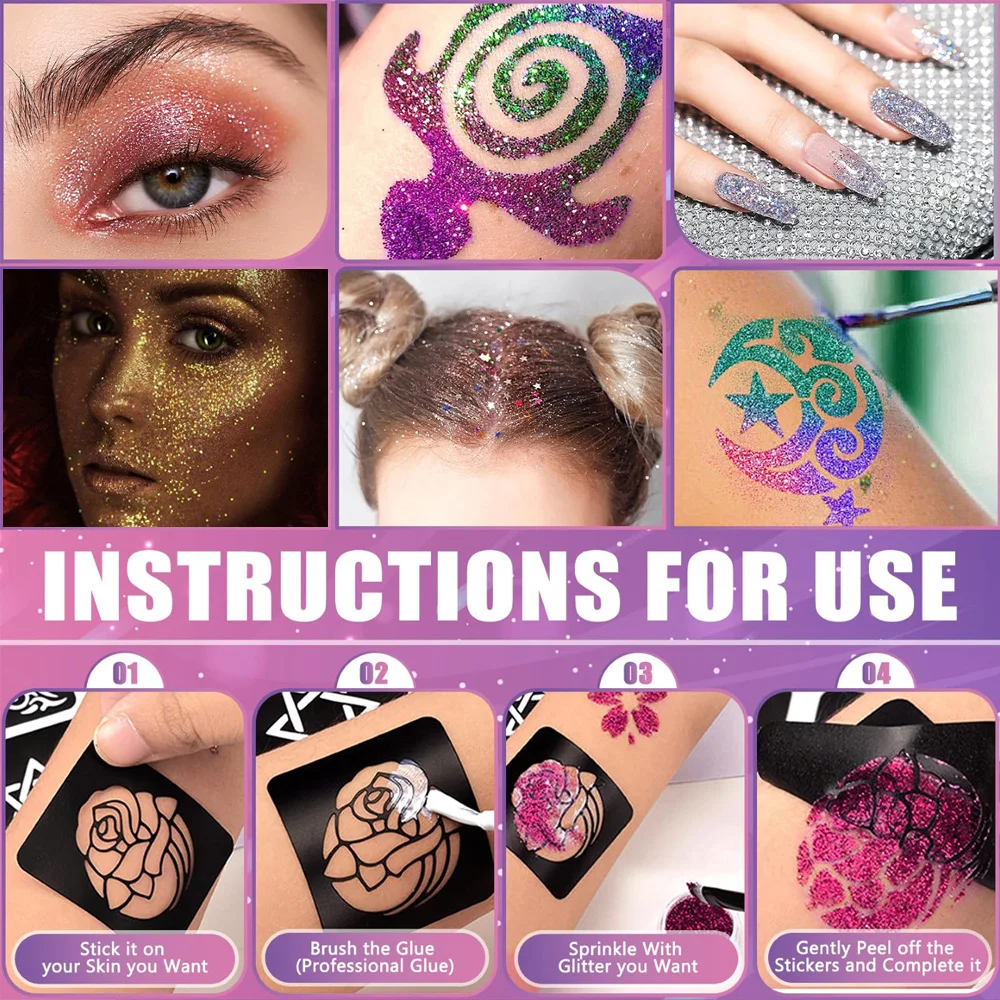 Colorful Glitter Tattoo Kit Body Art Glitter Makeup Glow in the Dark Body Paint for Party Festival Halloween Cosplay Makeup